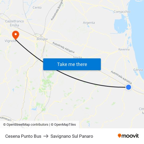 Cesena Punto Bus to Savignano Sul Panaro map