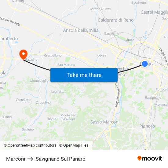 Marconi to Savignano Sul Panaro map