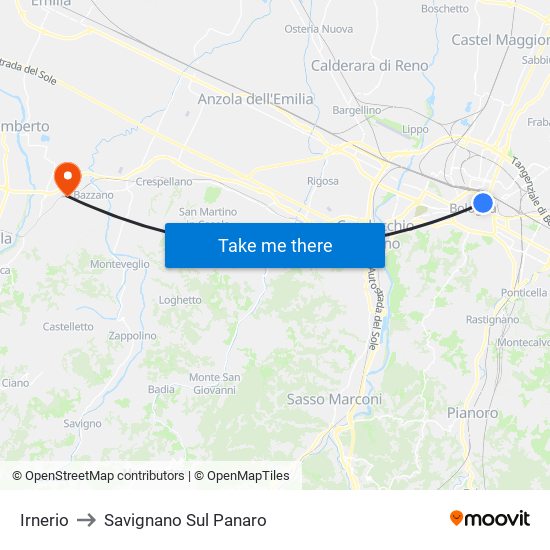 Irnerio to Savignano Sul Panaro map