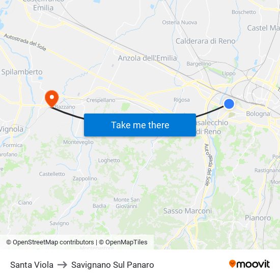 Santa Viola to Savignano Sul Panaro map