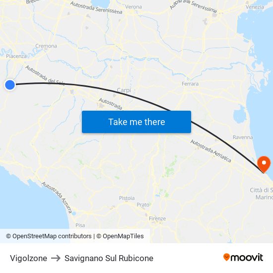 Vigolzone to Savignano Sul Rubicone map