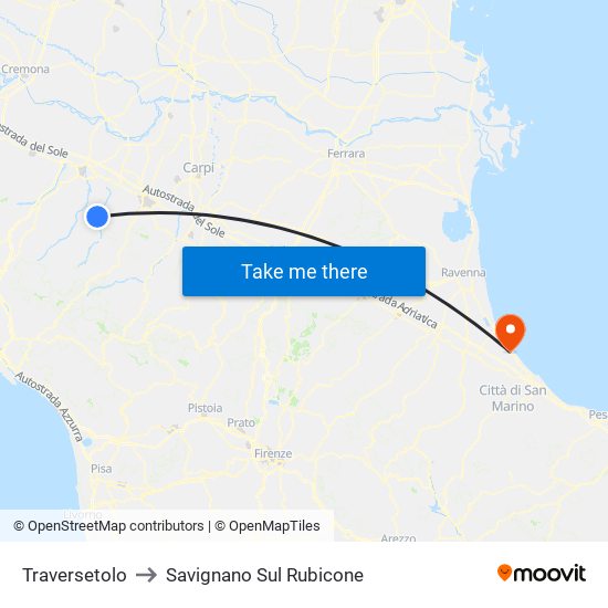 Traversetolo to Savignano Sul Rubicone map