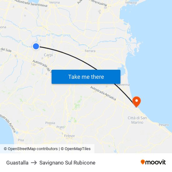 Guastalla to Savignano Sul Rubicone map