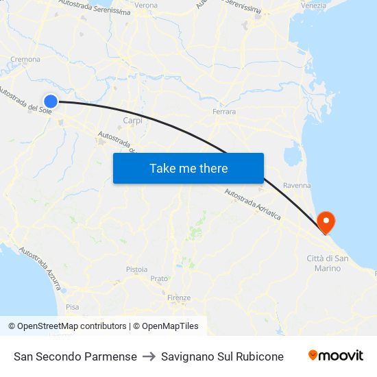 San Secondo Parmense to Savignano Sul Rubicone map