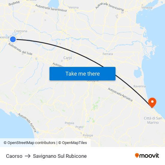 Caorso to Savignano Sul Rubicone map