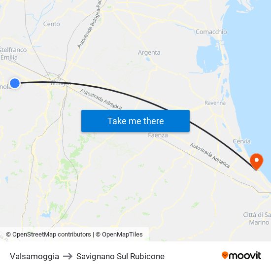 Valsamoggia to Savignano Sul Rubicone map