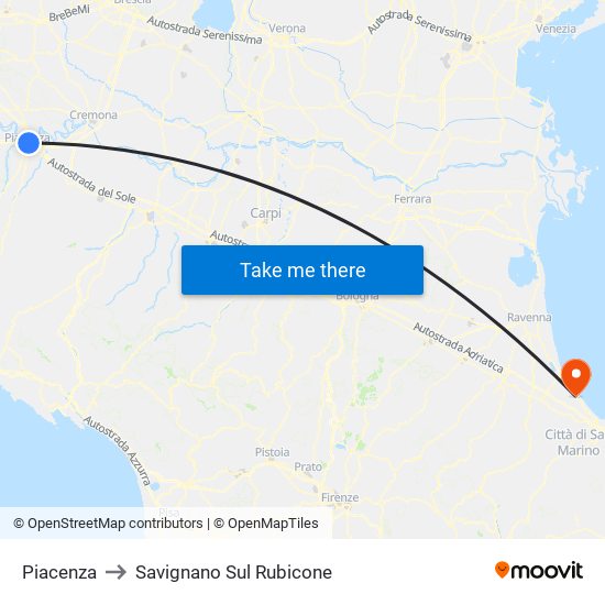 Piacenza to Savignano Sul Rubicone map