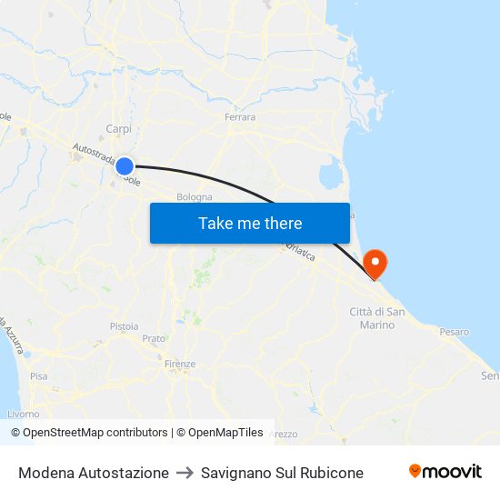 Modena  Autostazione to Savignano Sul Rubicone map