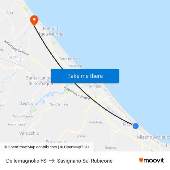 Dellemagnolie FS to Savignano Sul Rubicone map