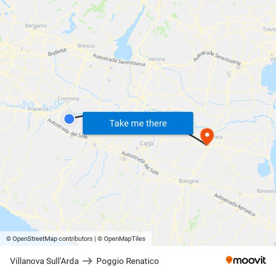 Villanova Sull'Arda to Poggio Renatico map
