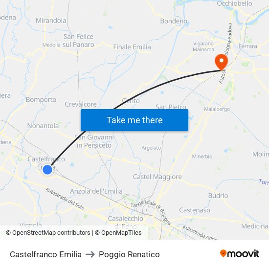 Castelfranco Emilia to Poggio Renatico map