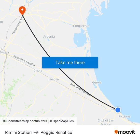 Rimini Station to Poggio Renatico map