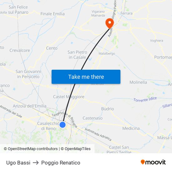 Ugo Bassi to Poggio Renatico map