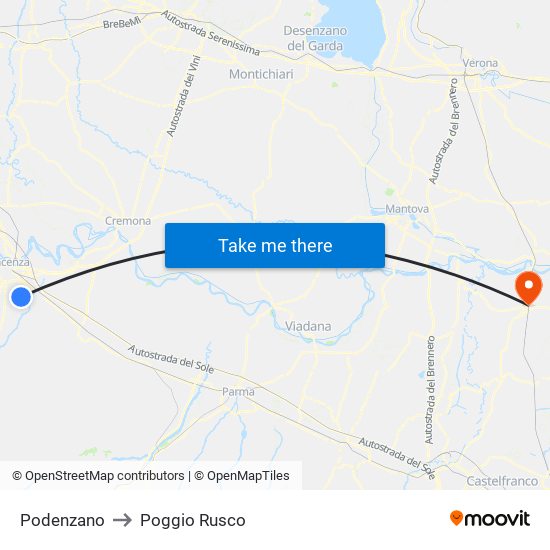 Podenzano to Poggio Rusco map