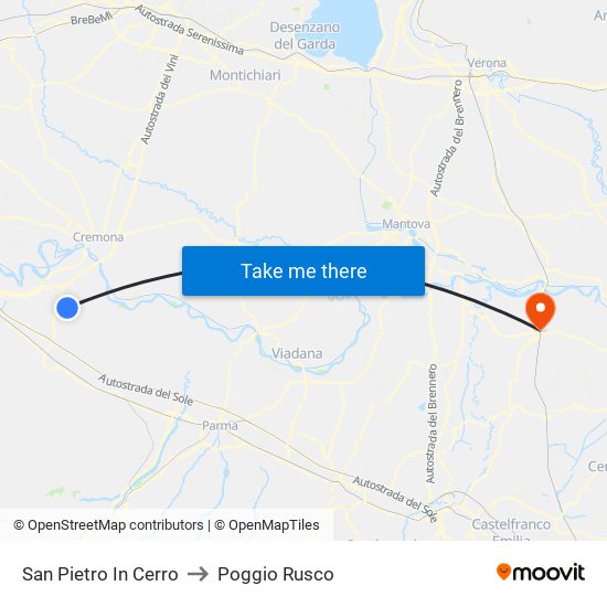 San Pietro In Cerro to Poggio Rusco map