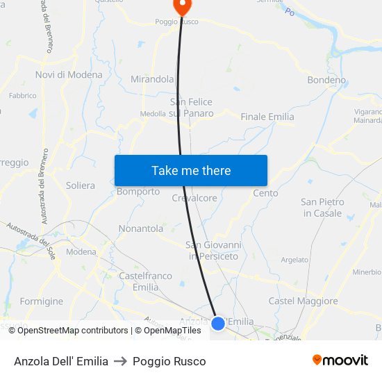 Anzola Dell' Emilia to Poggio Rusco map