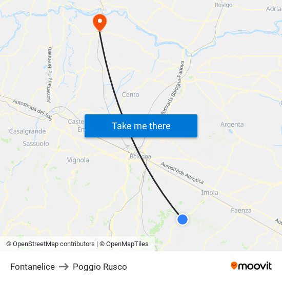 Fontanelice to Poggio Rusco map