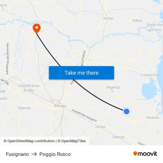 Fusignano to Poggio Rusco map