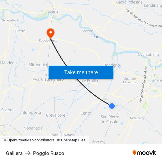 Galliera to Poggio Rusco map