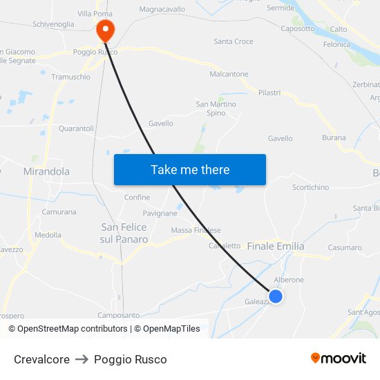 Crevalcore to Poggio Rusco map