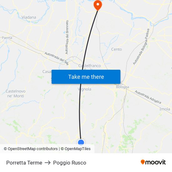 Porretta Terme to Poggio Rusco map