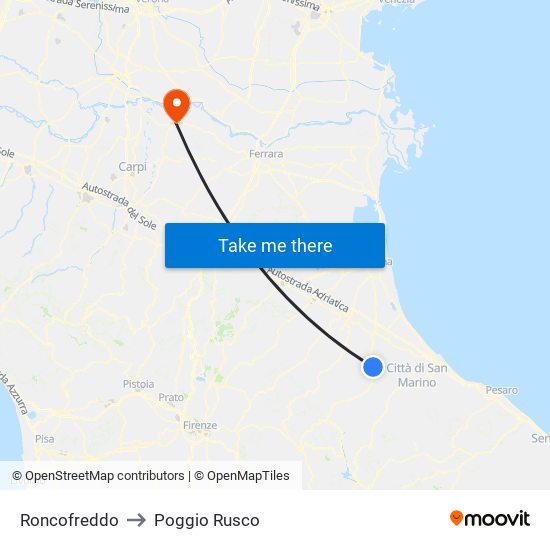 Roncofreddo to Poggio Rusco map