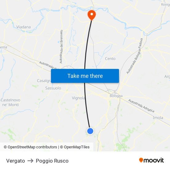 Vergato to Poggio Rusco map