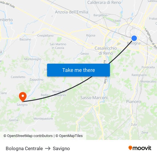 Bologna Centrale to Savigno map