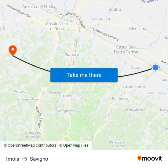 Imola to Savigno map