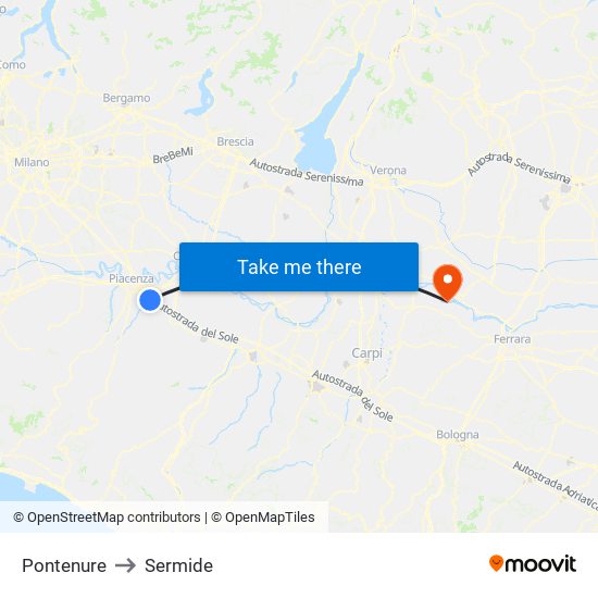 Pontenure to Sermide map