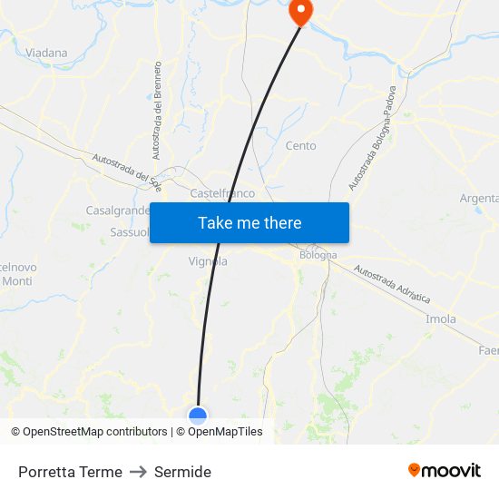 Porretta Terme to Sermide map