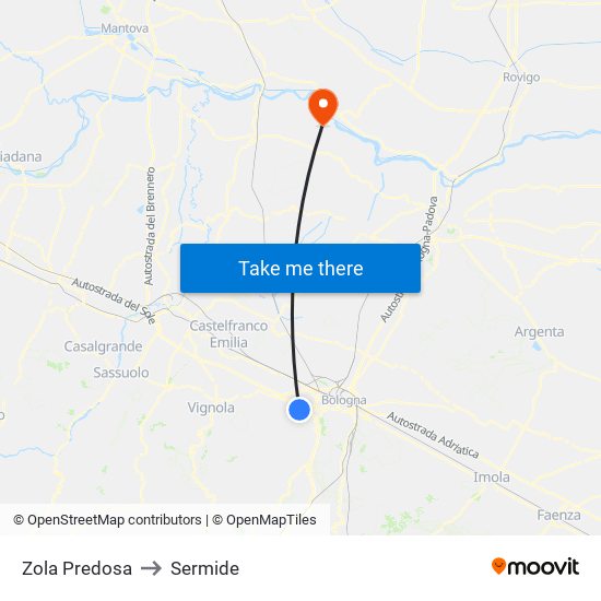 Zola Predosa to Sermide map