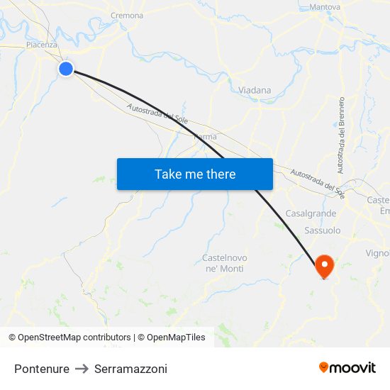 Pontenure to Serramazzoni map