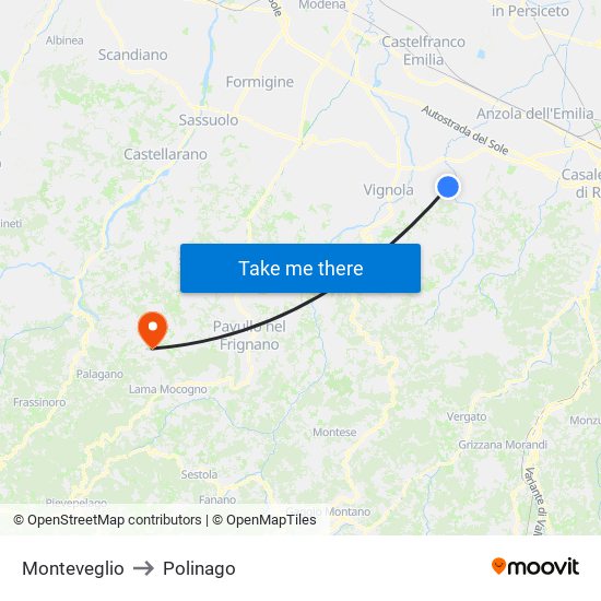 Monteveglio to Polinago map