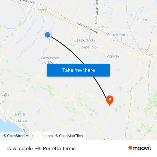 Traversetolo to Porretta Terme map