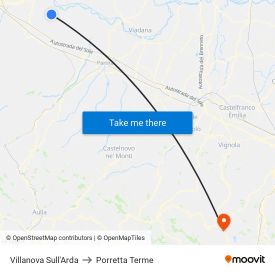 Villanova Sull'Arda to Porretta Terme map