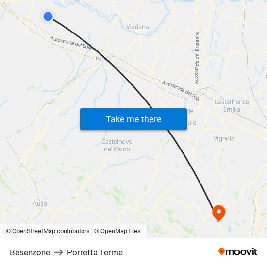 Besenzone to Porretta Terme map