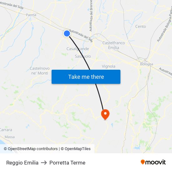 Reggio Emilia to Porretta Terme map