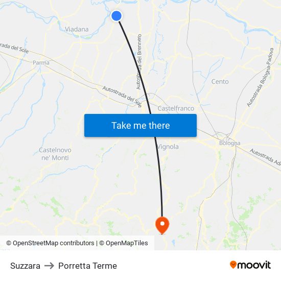 Suzzara to Porretta Terme map