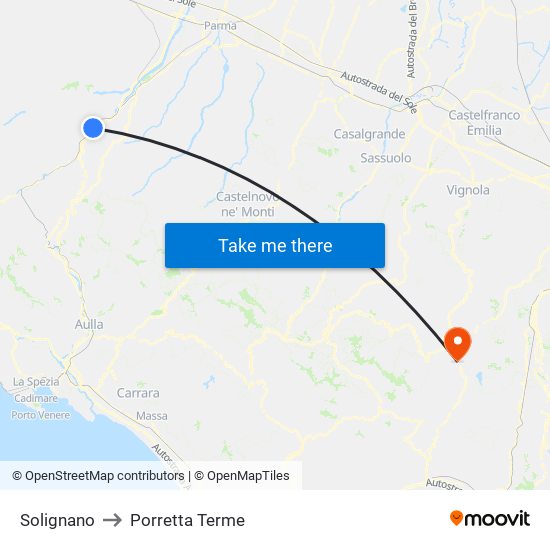 Solignano to Porretta Terme map