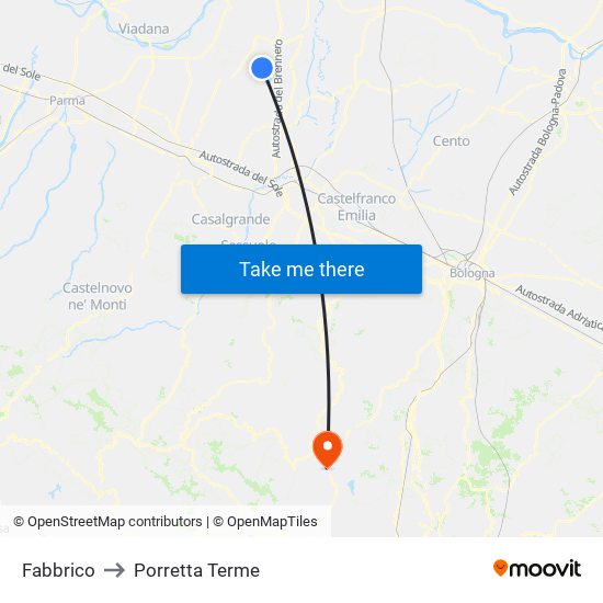 Fabbrico to Porretta Terme map
