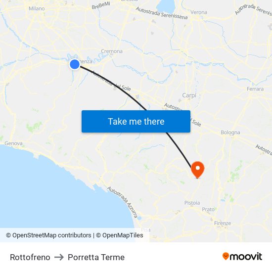 Rottofreno to Porretta Terme map