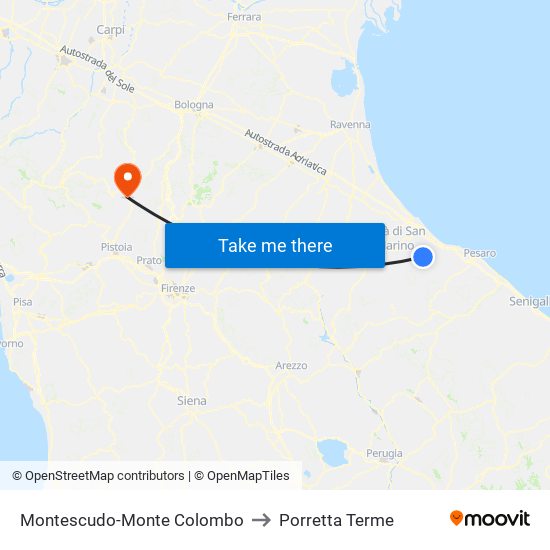 Montescudo-Monte Colombo to Porretta Terme map