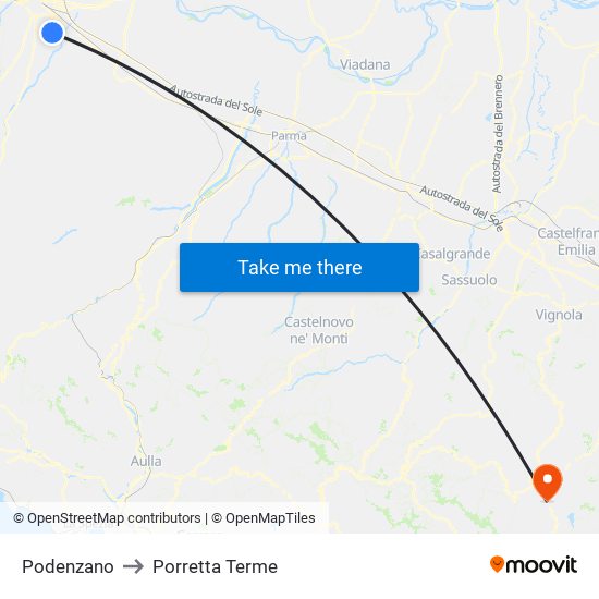 Podenzano to Porretta Terme map