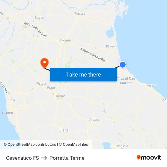 Cesenatico FS to Porretta Terme map
