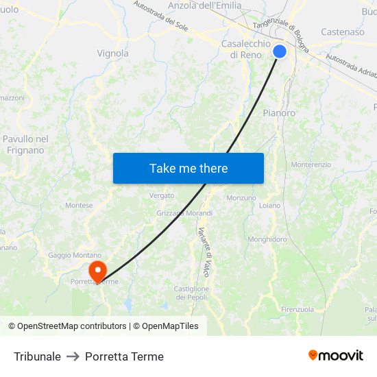 Tribunale to Porretta Terme map