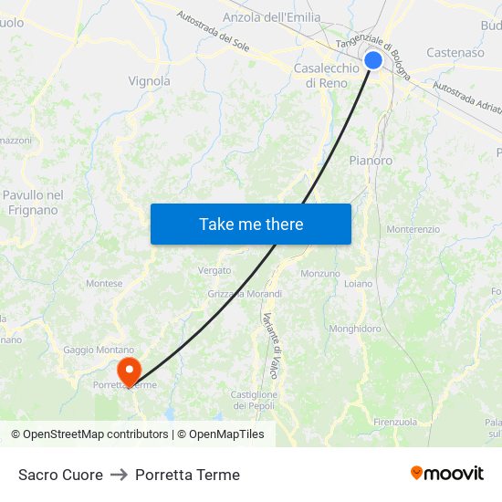 Sacro Cuore to Porretta Terme map