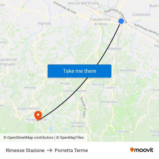 Rimesse Stazione to Porretta Terme map