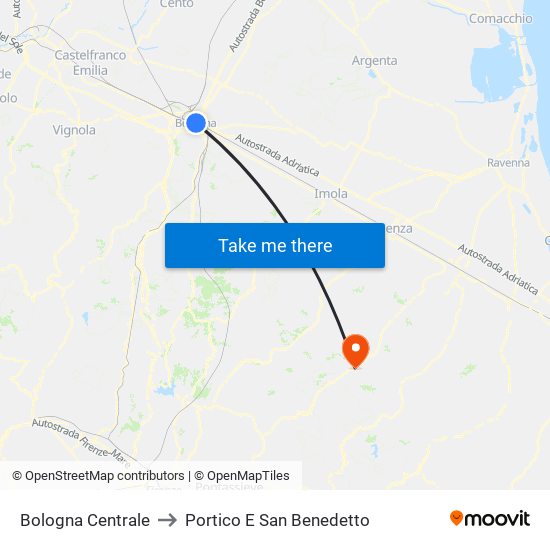 Bologna Centrale to Portico E San Benedetto map