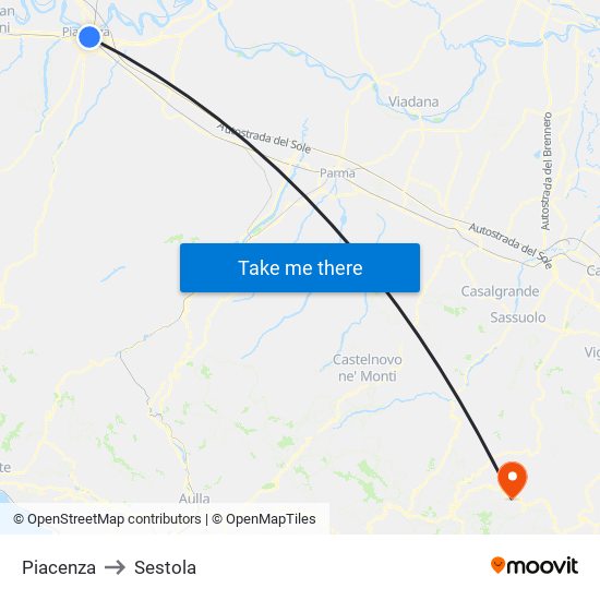 Piacenza to Sestola map